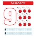 Coloring printable worksheet for kindergarten and preschool. Learn and train to write numbers. Nine.